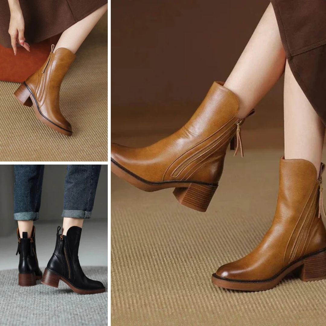 Maison Argent™ | Botte en cuir noire avec un talon confortable, élégante et intemporelle