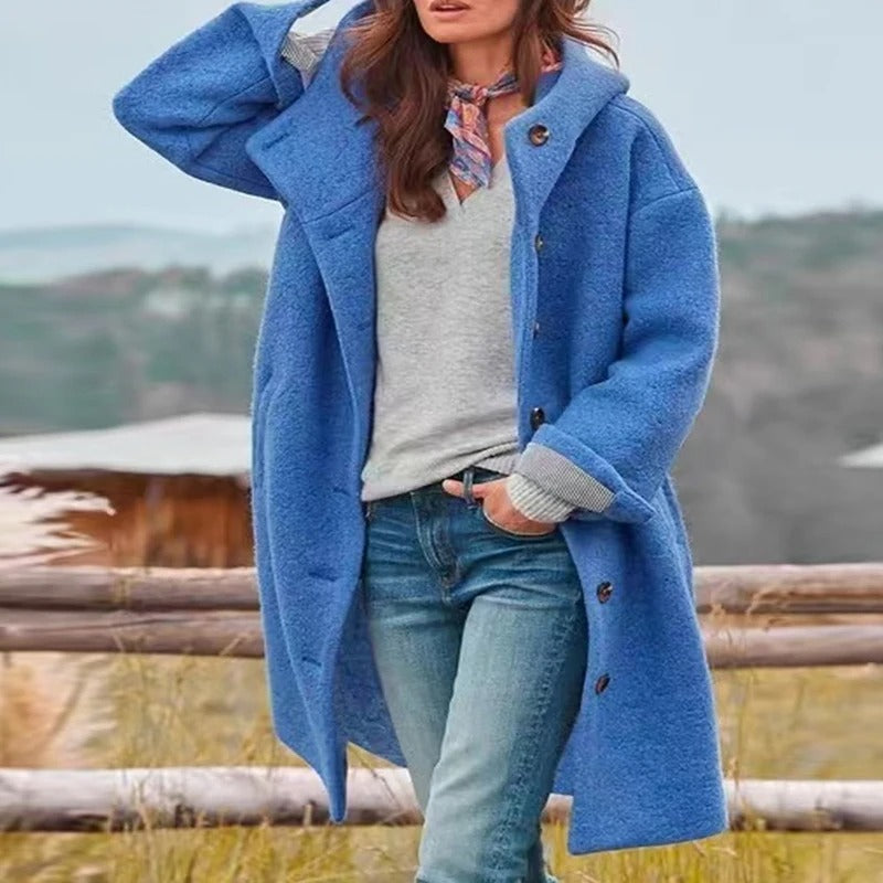Ophélie | Manteau long à capuche femme avec boutonnage frontal