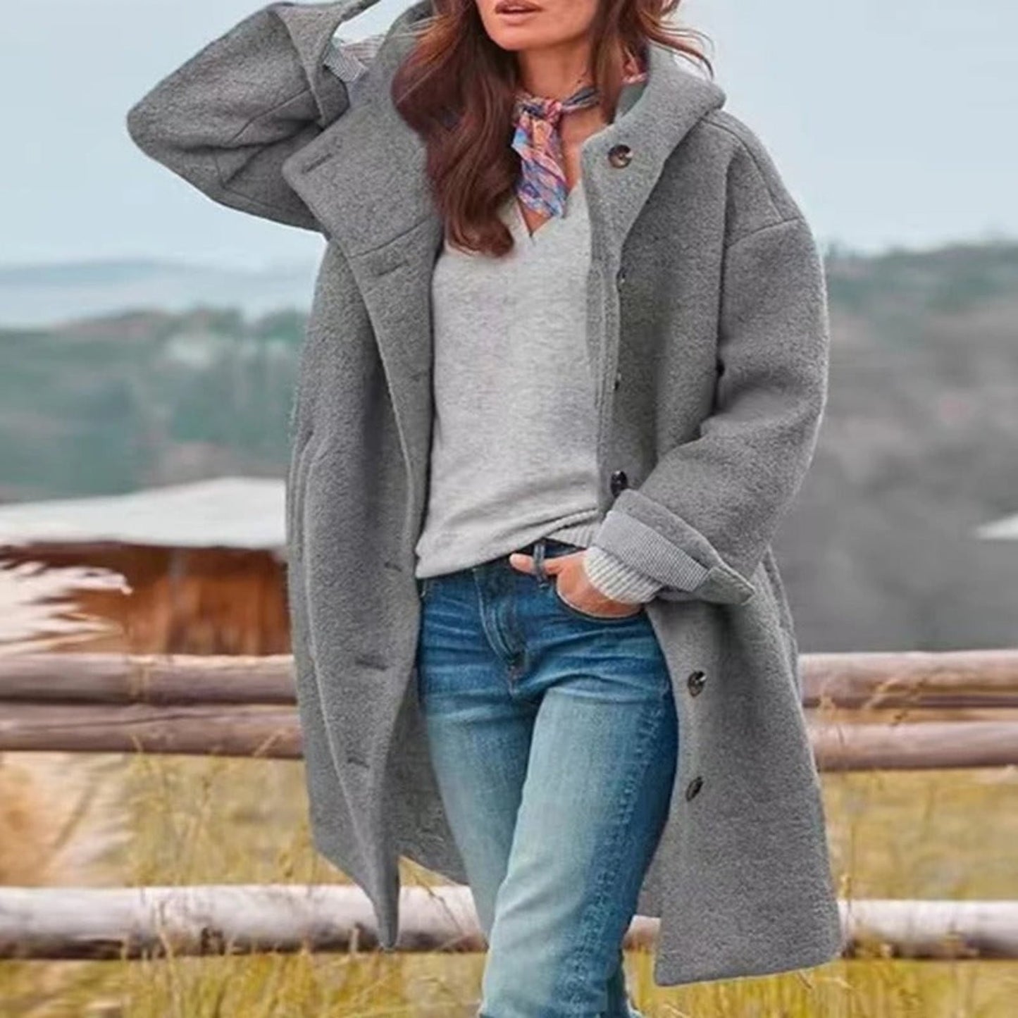 Ophélie | Manteau long à capuche femme avec boutonnage frontal