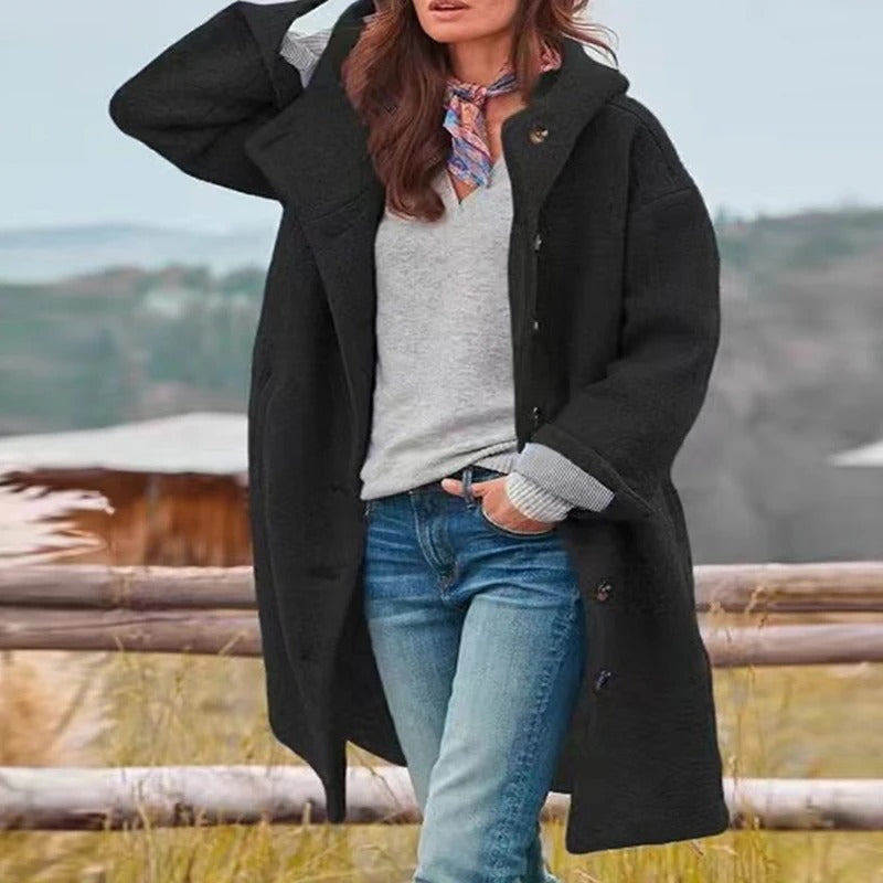 Ophélie | Manteau long à capuche femme avec boutonnage frontal